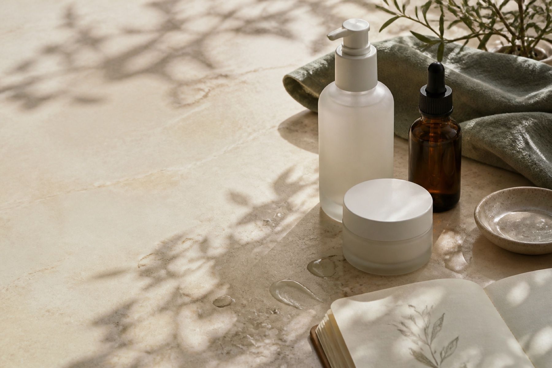 Unbranded personal care bottles arranged on a warm notebook table